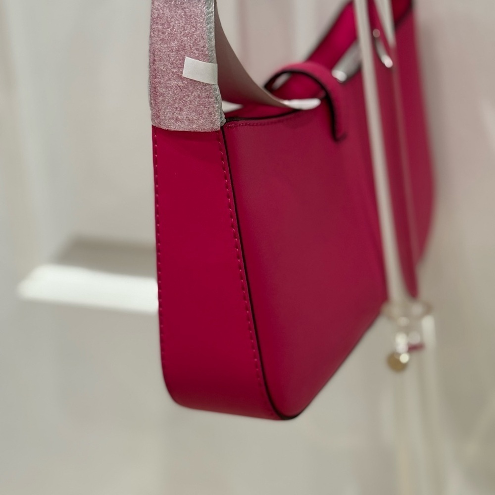 Michael Kors Lyra Small Leather Pouchette Dragonfruit Pink Silver Charm Purse - Picture 8 of 15